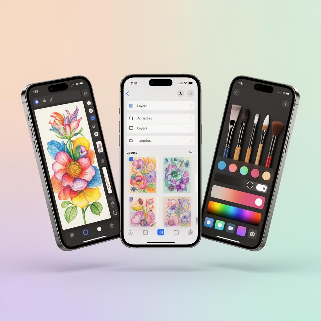 SketchFlow shown across three iPhones — canvas, layers, and brushes