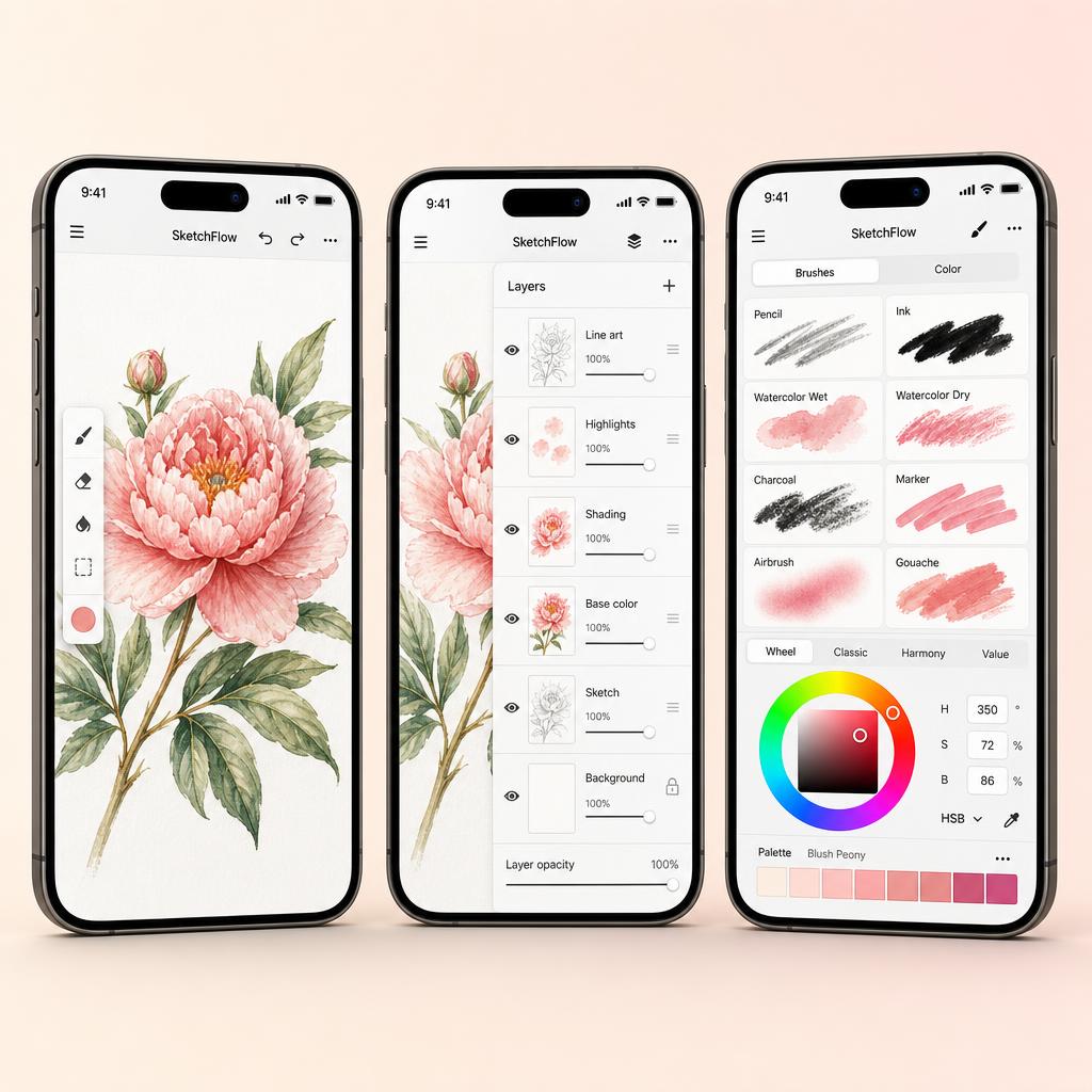 SketchFlow shown across three iPhones — canvas, layers, and brushes